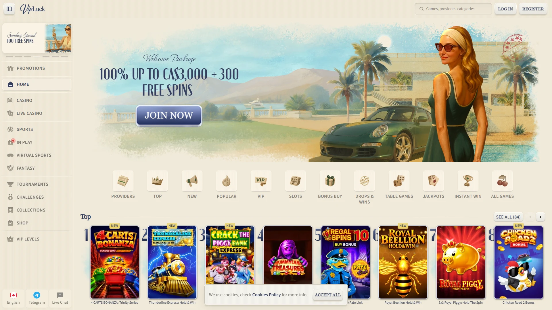 VipLuck casino lobby on desktop
